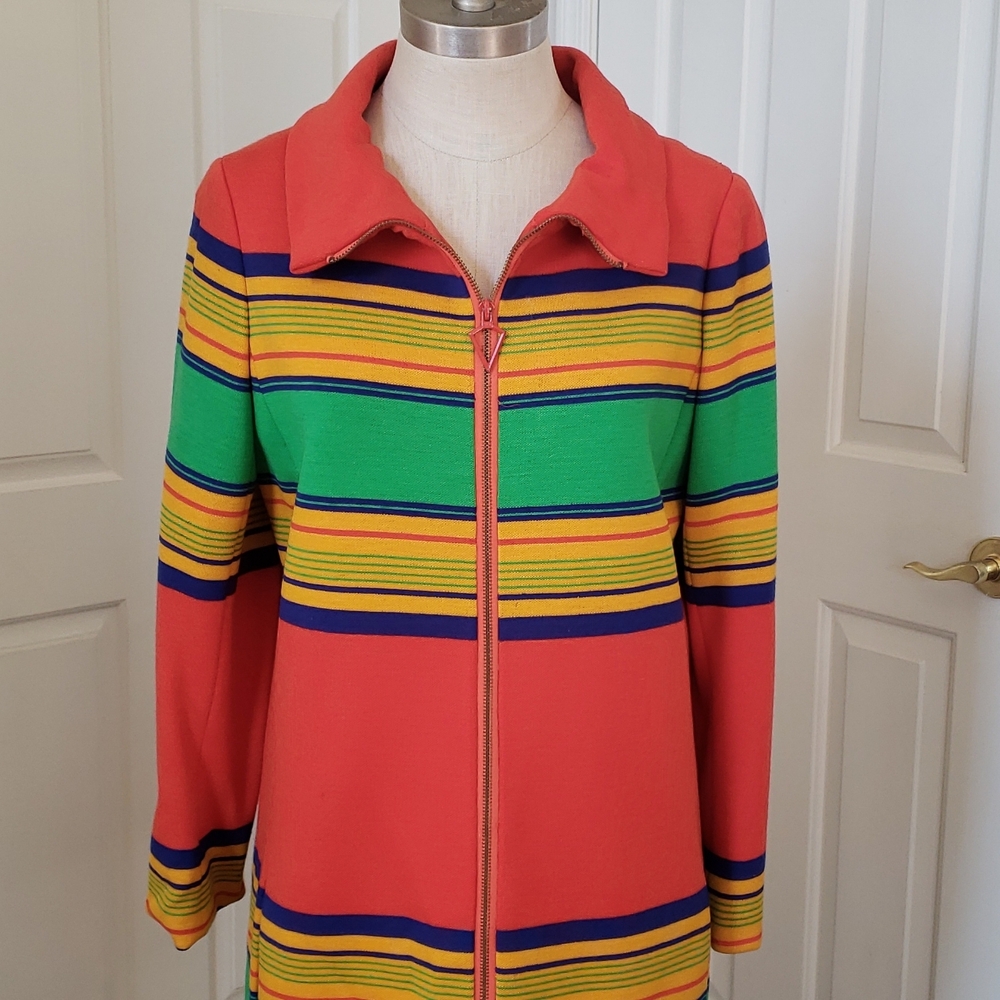 Vintage 60s Sanger Harris Wool Mod Coat Colorblock Striped Longline Small - Picture 5 of 17